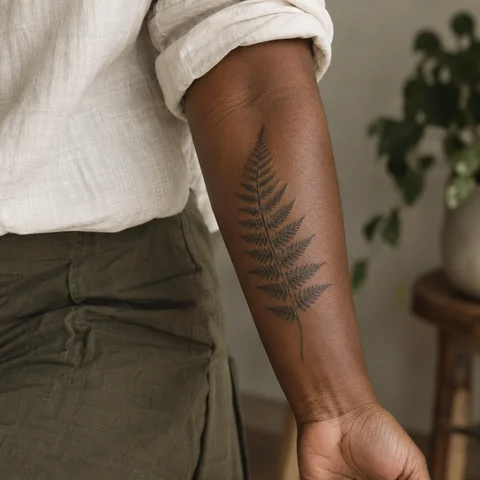 Tatouage végétal sur l’avant-bras d’une femme à la peau noire, simulation IA