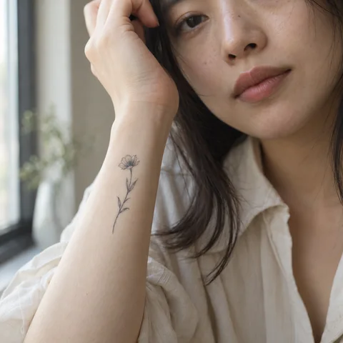 Tatouage floral sur l’avant-bras d’une femme, simulation IA