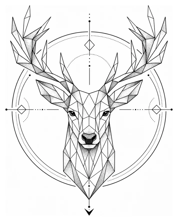 Un cerf polygonal avec accents dotwork dans un cadre circulaire