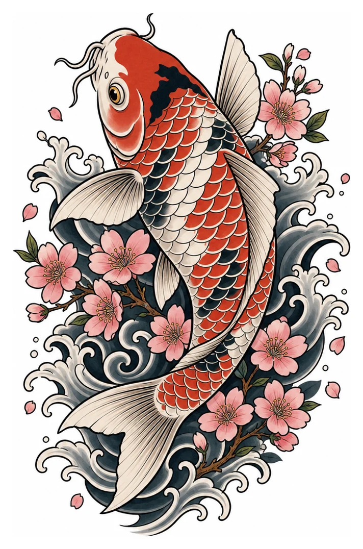 Une carpe koï entourée de vagues et de fleurs de cerisier