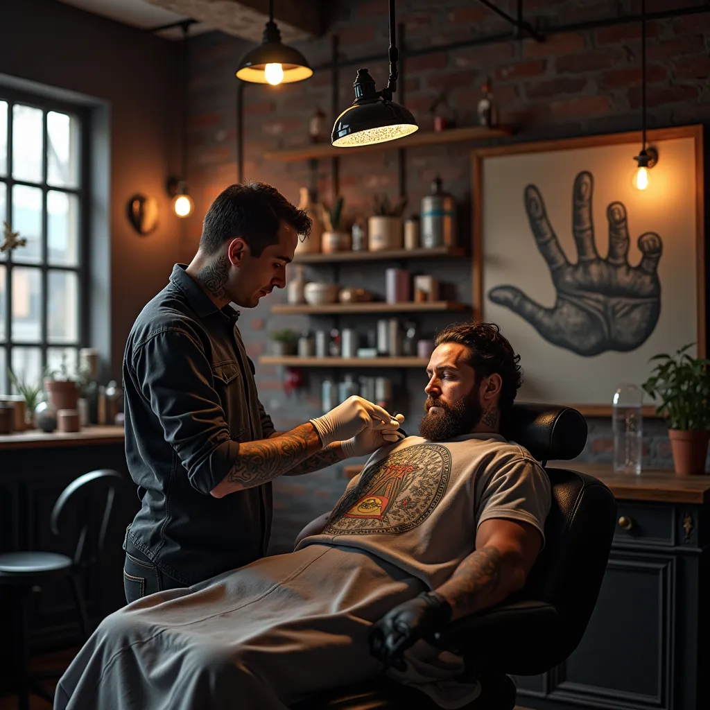 Un tatoueur au travail avec son client